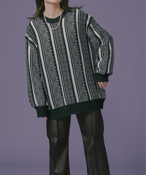 Ellno Loset（エルノロゼット）の「ジャガードニット（ニット/セーター・メンズ・ブルー/グリーン/ブラック/パープル・MEDIUM/LARGE）」の3枚目の写真