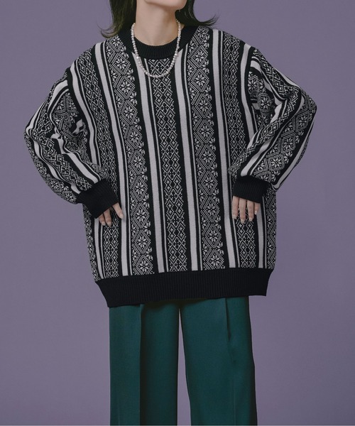 Ellno Loset（エルノロゼット）の「ジャガードニット（ニット/セーター・メンズ・ブルー/グリーン/ブラック/パープル・MEDIUM/LARGE）」の2枚目の写真