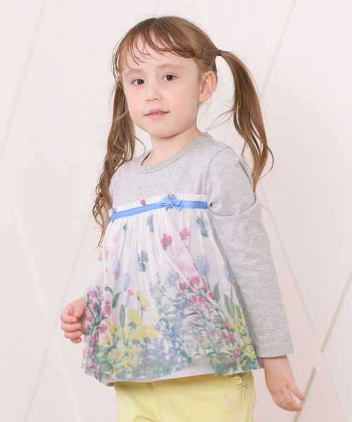 KP(ケーピー)の「花柄チュール切り替え長袖Tシャツ(100~130cm)(Tシャツ/カットソー・キッズ・オフホワイト/杢グレー・100cm/110cm/120cm/130cm)」の1枚目の写真
