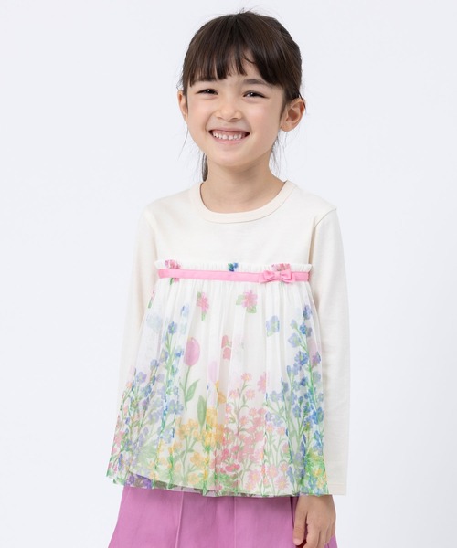 KP(ケーピー)の「花柄チュール切り替え長袖Tシャツ(100~130cm)(Tシャツ/カットソー・キッズ・オフホワイト/杢グレー・100cm/110cm/120cm/130cm)」の2枚目の写真