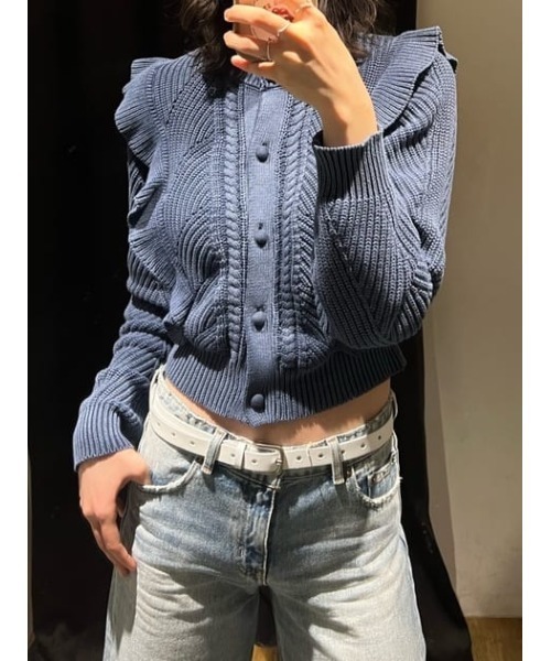 MOUSSY（マウジー）の「FRILL CABLE カーディガン（カーディガン/ボレロ・レディース・ライム/ライトベージュ/ライトピンク/ネイビー・FREE）」の9枚目の写真