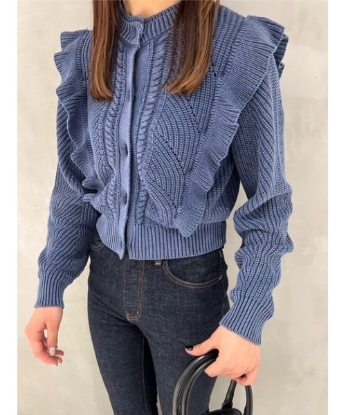 MOUSSY（マウジー）の「FRILL CABLE カーディガン（カーディガン/ボレロ・レディース・ライム/ライトベージュ/ライトピンク/ネイビー・FREE）」の12枚目の写真