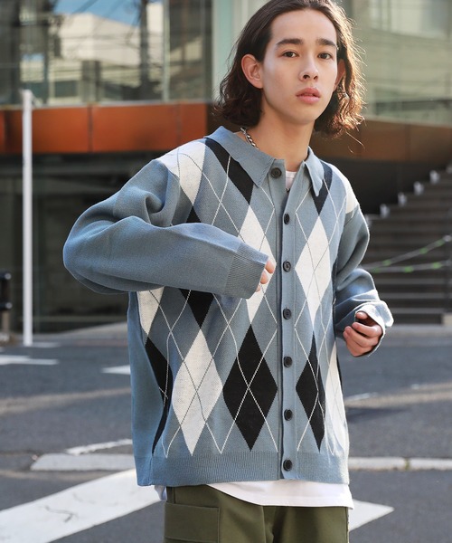 MSG（エムエスジー）の「セミルーズシルエット ジャガード ニットポロカーディガン 花柄　アーガイル　ストライプ　ニットシャツ（カーディガン/ボレロ・メンズ・ブラック系/ブラック系1/ブラウン系/ブルー系/パープル系・S/M/L）」の4枚目の写真