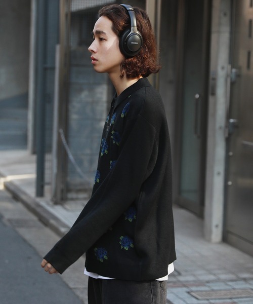 MSG（エムエスジー）の「セミルーズシルエット ジャガード ニットポロカーディガン 花柄　アーガイル　ストライプ　ニットシャツ（カーディガン/ボレロ・メンズ・ブラック系/ブラック系1/ブラウン系/ブルー系/パープル系・S/M/L）」の8枚目の写真