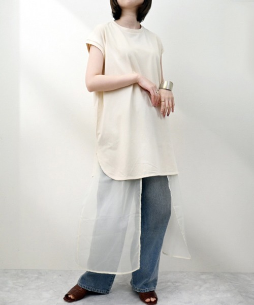 STYLEBLOCK(スタイルブロック)の「天竺×オーガンジーレイヤード風ワンピース(ワンピース・レディース・チャコールグレー/ホワイト/ブラック/ライトベージュ・M)」の1枚目の写真
