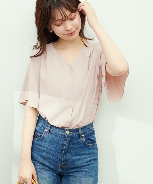 natural couture（ナチュラルクチュール）の「ちびパール釦フレア袖ブラウス（シャツ/ブラウス・レディース・ネイビー/オフホワイト/サックスブルー/グレイッシュベージュ/グリーン/イエロー/ピンク系その他/ミント・FREE）」の14枚目の写真