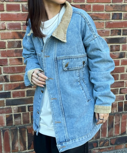 CLEA（クレア）の「コーデュロイ襟切り替え ビッグシルエット デニムジャケット（デニムジャケット・レディース・ブラック/ブルー・M/L）」の18枚目の写真