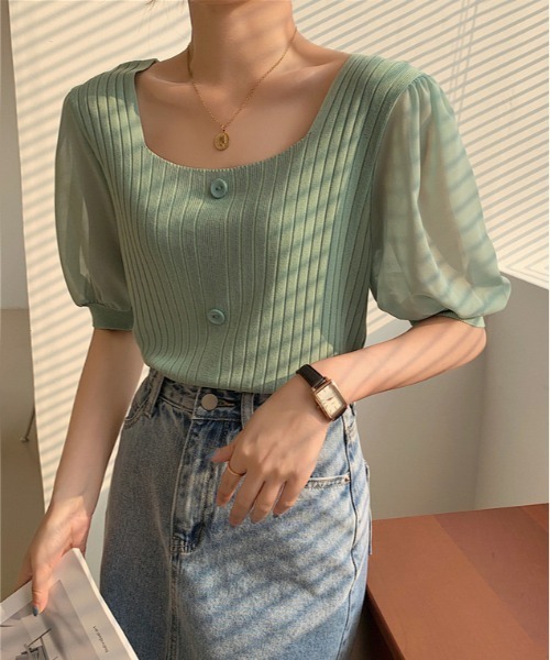Lilamusant(リラミュゾン)の「/Lilamusant(リラミュゾン)/シアーパフスリーブスクエアネックリブトップス(Tシャツ/カットソー・レディース・ホワイト/ブラック/ピンク/グリーン/アイボリー・FREE)」の13枚目の写真