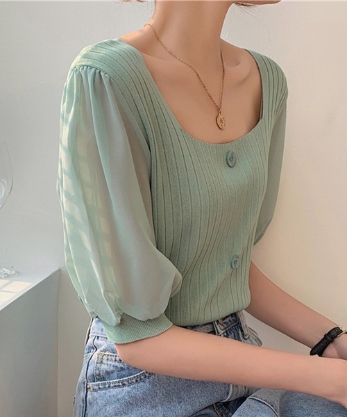 Lilamusant(リラミュゾン)の「/Lilamusant(リラミュゾン)/シアーパフスリーブスクエアネックリブトップス(Tシャツ/カットソー・レディース・ホワイト/ブラック/ピンク/グリーン/アイボリー・FREE)」の10枚目の写真