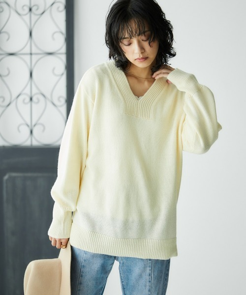 nissen(ニッセン)の「【販売終了】【プチプライス】リブ衿Vネックニット(ニット/セーター・レディース・杢グレー/ダークブルー/アイボリー/ブラック/グリーン系その他・S/M/L/LL)」の2枚目の写真