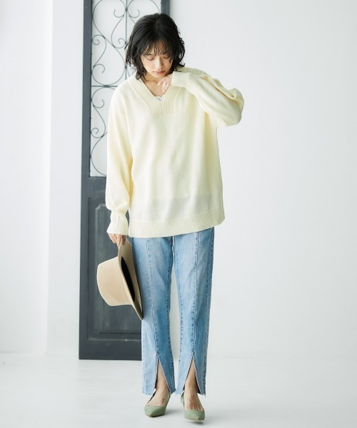 nissen(ニッセン)の「【販売終了】【プチプライス】リブ衿Vネックニット(ニット/セーター・レディース・杢グレー/ダークブルー/アイボリー/ブラック/グリーン系その他・S/M/L/LL)」の11枚目の写真