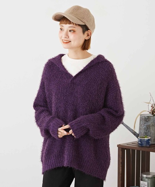 CUBE SUGAR（キューブシュガー）の「シャギーニット襟付スキッパープルオーバー（ニット/セーター・レディース・パープル/イエロー/チャコールグレー/レッド・M）」の2枚目の写真