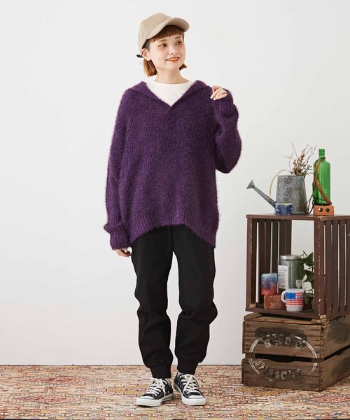 CUBE SUGAR（キューブシュガー）の「シャギーニット襟付スキッパープルオーバー（ニット/セーター・レディース・パープル/イエロー/チャコールグレー/レッド・M）」の21枚目の写真