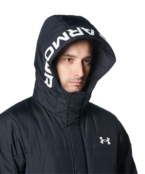 アンダーアーマーロングジャケットXXL アンダーアーマー ベンチコート STORM 袖ロゴ 撥水 フードロゴ 黒 XXL