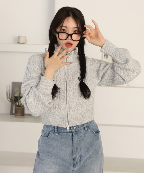 セール】ワンポイント刺繍/ダブルジップアップケーブルニット（ニット