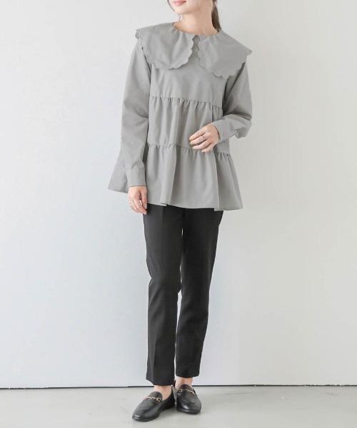 yori スカラップ襟 長袖ブラウス グレー セール】スカラップ襟