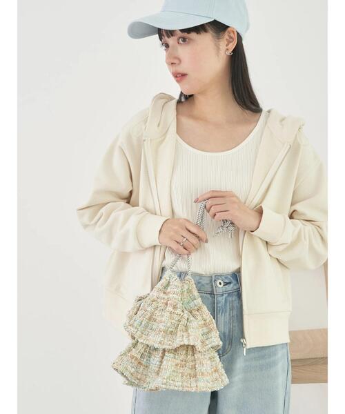 earth music&ecology（アースミュージックアンドエコロジー）の「フリルツイード巾着バッグ（エコバッグ/サブバッグ・レディース・マルチ/ピンクベージュ・FREE）」の6枚目の写真