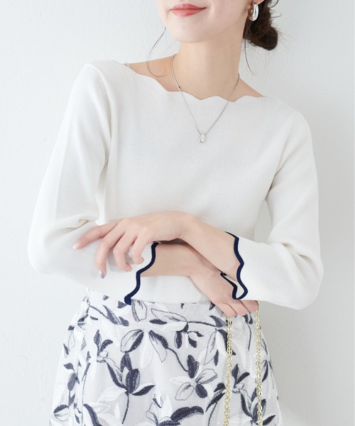 natural couture(ナチュラルクチュール)の「袖口配色スカラップ強撚ニット(7分袖)(ニット/セーター・レディース・ミント/ラベンダー/ネイビー/その他1/ライトベージュ/オフホワイト・FREE)」の3枚目の写真