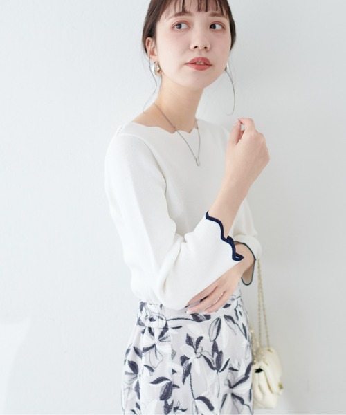 natural couture(ナチュラルクチュール)の「袖口配色スカラップ強撚ニット(7分袖)(ニット/セーター・レディース・ミント/ラベンダー/ネイビー/その他1/ライトベージュ/オフホワイト・FREE)」の9枚目の写真