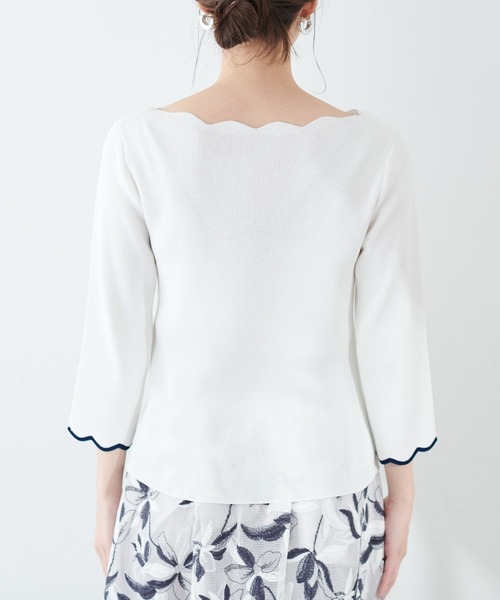 新品⭐︎styling チューリップ袖リブニット 白 袖口配色スカラップ強撚ニット(7分袖)（ニット/セーター