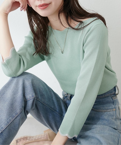 袖口配色スカラップ強撚ニット(7分袖)（ニット/セーター