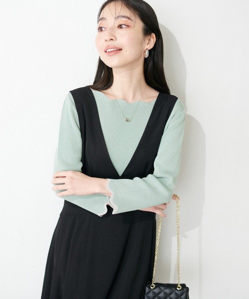 袖口配色スカラップ強撚ニット(7分袖)（ニット/セーター