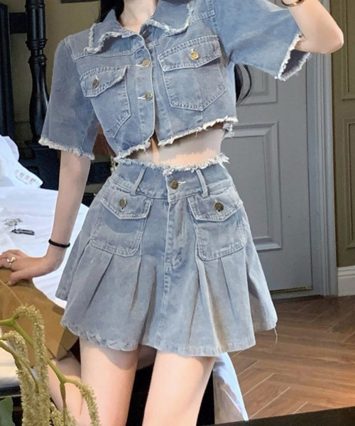 韓国デザイン♡スタイルアップ 叶う♪ デニム セットアップ サロペット　セット 韓国デザイン♡スタイルアップ 叶う♪ デニム セットアップ