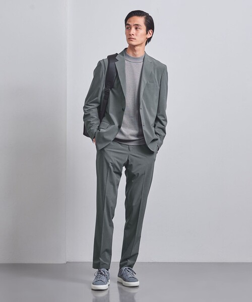 ユナイテッドアローズ☆ノーカラーパンツスーツ　ストレッチ　グレー　38 GLR CLOTH チェック スリム ノープリーツ スーツパンツ ―ストレッチ―