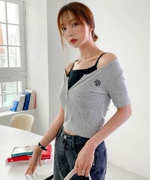 A'GEM/9 × .kom 『muah muah/ムーアムーア』 LOGO POINT BUTTON HALF T-SHIRT/ロゴポイント ボタンハーフTシャツ