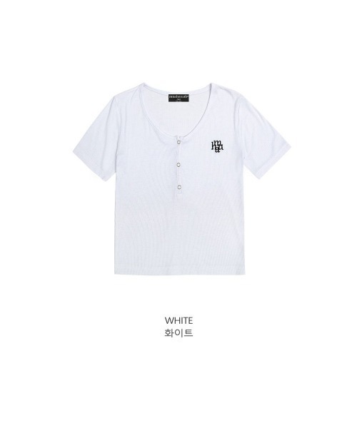 muahmuah(ムーアムーア)の「A'GEM/9 × .kom 『muah muah/ムーアムーア』 LOGO POINT BUTTON HALF T-SHIRT/ロゴポイント ボタンハーフTシャツ(Tシャツ/カットソー・レディース・ホワイト/グレー/ブラック・FREE)」の17枚目の写真
