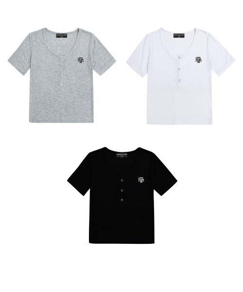 muahmuah(ムーアムーア)の「A'GEM/9 × .kom 『muah muah/ムーアムーア』 LOGO POINT BUTTON HALF T-SHIRT/ロゴポイント ボタンハーフTシャツ(Tシャツ/カットソー・レディース・ホワイト/グレー/ブラック・FREE)」の19枚目の写真