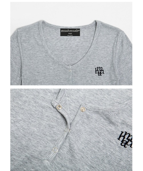 muahmuah(ムーアムーア)の「A'GEM/9 × .kom 『muah muah/ムーアムーア』 LOGO POINT BUTTON HALF T-SHIRT/ロゴポイント ボタンハーフTシャツ(Tシャツ/カットソー・レディース・ホワイト/グレー/ブラック・FREE)」の20枚目の写真