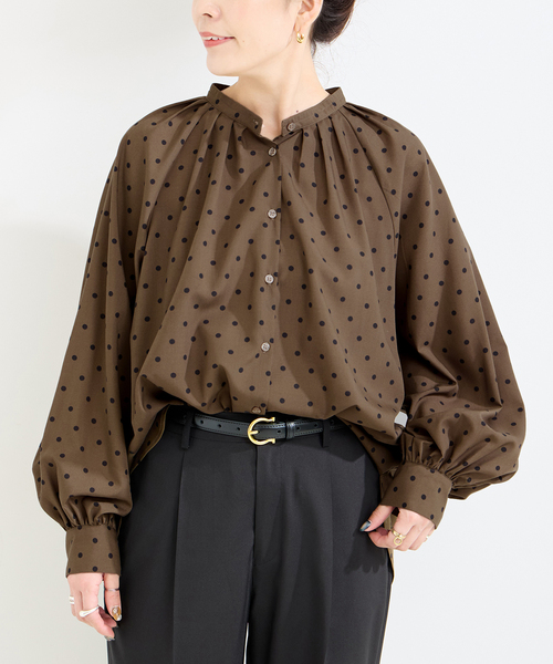 y's ワイズ ドット柄 スタンドカラー ブラウス シャツ NinaetLina ブラウス シャツ ドット柄ブラウス レディース