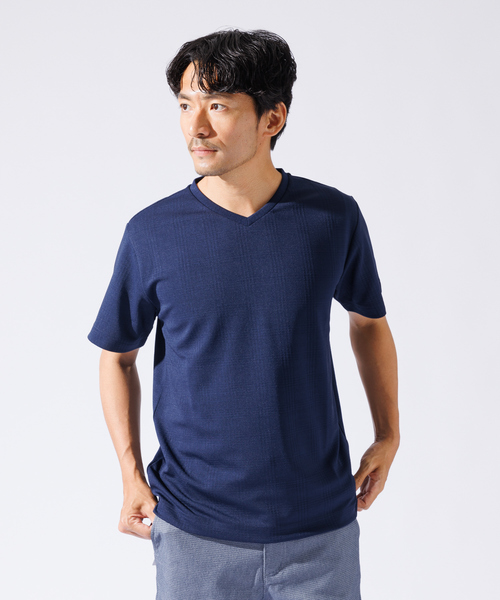 ABAHOUSE GRAY（アバハウスグレイ）の「【チェック柄】ジャガード Vネック 半袖 Tシャツ（Tシャツ/カットソー・メンズ・ブラック/ホワイト/サックスブルー/ネイビー/グレイッシュベージュ/チャコールグレー・48/46）」の5枚目の写真