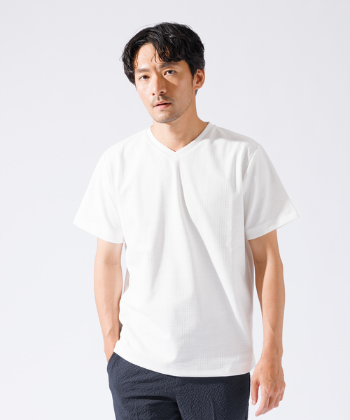 ABAHOUSE GRAY（アバハウスグレイ）の「【チェック柄】ジャガード Vネック 半袖 Tシャツ（Tシャツ/カットソー・メンズ・ブラック/ホワイト/サックスブルー/ネイビー/グレイッシュベージュ/チャコールグレー・48/46）」の2枚目の写真