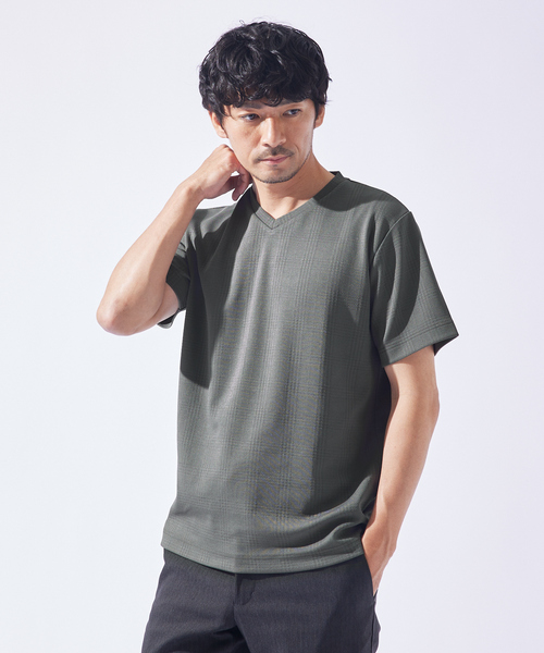 ABAHOUSE GRAY（アバハウスグレイ）の「【チェック柄】ジャガード Vネック 半袖 Tシャツ（Tシャツ/カットソー・メンズ・ブラック/ホワイト/サックスブルー/ネイビー/グレイッシュベージュ/チャコールグレー・48/46）」の4枚目の写真