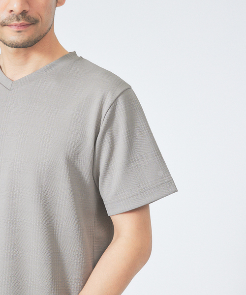 ABAHOUSE GRAY（アバハウスグレイ）の「【チェック柄】ジャガード Vネック 半袖 Tシャツ（Tシャツ/カットソー・メンズ・ブラック/ホワイト/サックスブルー/ネイビー/グレイッシュベージュ/チャコールグレー・48/46）」の12枚目の写真