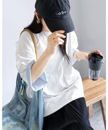 reca | 袖裏ストライプ5分袖Ｔシャツ(Tシャツ/カットソー)