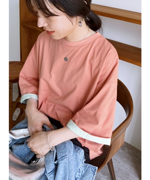 reca（レカ）の「袖裏ストライプ5分袖Ｔシャツ（Tシャツ/カットソー・レディース・ピンク/グリーン/ホワイト/チャコールグレー・FREE）」の4枚目の写真