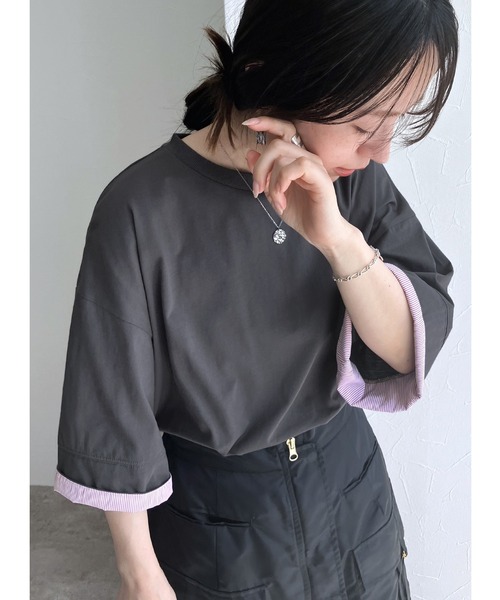 reca（レカ）の「袖裏ストライプ5分袖Ｔシャツ（Tシャツ/カットソー・レディース・ピンク/グリーン/ホワイト/チャコールグレー・FREE）」の2枚目の写真