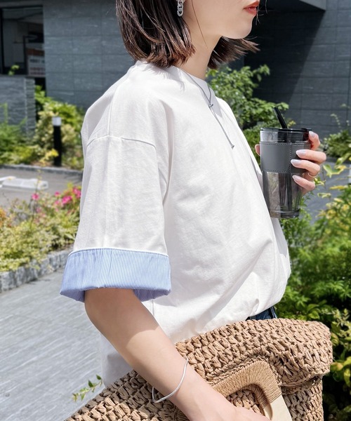 reca（レカ）の「袖裏ストライプ5分袖Ｔシャツ（Tシャツ/カットソー・レディース・ピンク/グリーン/ホワイト/チャコールグレー・FREE）」の6枚目の写真