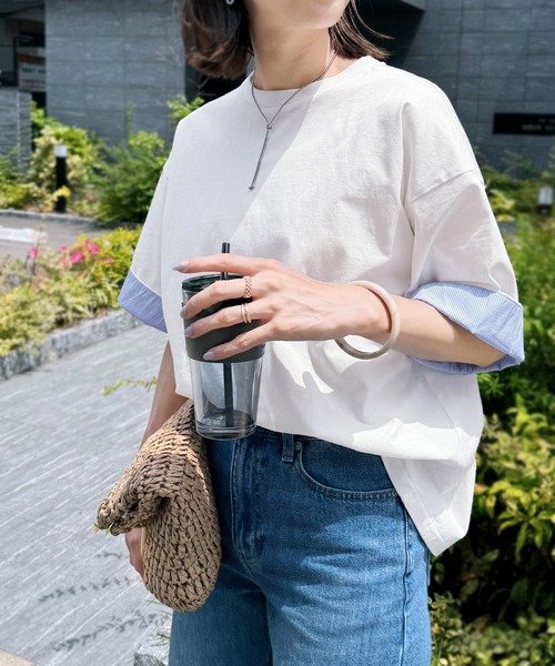 reca（レカ）の「袖裏ストライプ5分袖Ｔシャツ（Tシャツ/カットソー・レディース・ピンク/グリーン/ホワイト/チャコールグレー・FREE）」の7枚目の写真