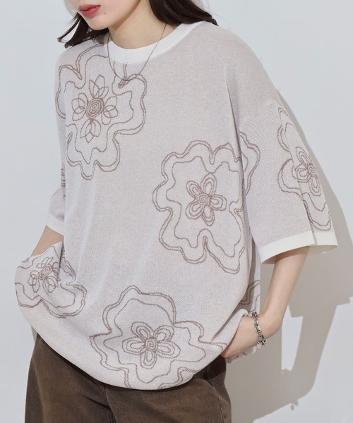 ATELANE(アテレーン)の「ジャガード総柄ニットTシャツ(ニット/セーター・メンズ・ベージュ系/ホワイト/ブラック系/チャコール/ベージュ/グレー/ブラック/ホワイト系/グレー系/ベージュ系1/ブルー/ブラック系1/グレー系1・M/L/XL)」の1枚目の写真