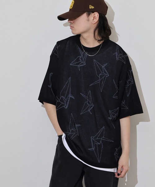 ATELANE(アテレーン)の「ジャガード総柄ニットTシャツ(ニット/セーター・メンズ・ベージュ系/ホワイト/ブラック系/チャコール/ベージュ/グレー/ブラック/ホワイト系/グレー系/ベージュ系1/ブルー/ブラック系1/グレー系1・M/L/XL)」の5枚目の写真