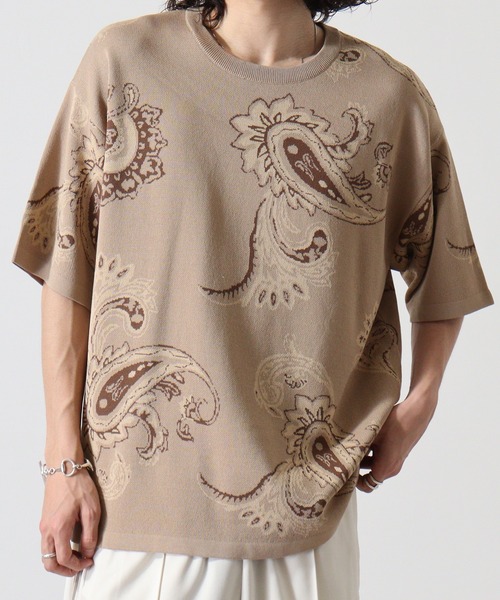ATELANE(アテレーン)の「ジャガード総柄ニットTシャツ(ニット/セーター・メンズ・ベージュ系/ホワイト/ブラック系/チャコール/ベージュ/グレー/ブラック/ホワイト系/グレー系/ベージュ系1/ブルー/ブラック系1/グレー系1・M/L/XL)」の11枚目の写真