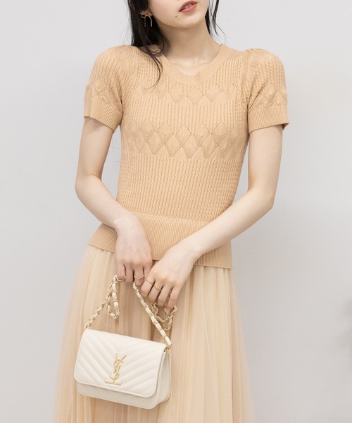 pumpkin port(パンプキンポート)の「透かし半袖ニット+チュールロングスカート ドッキングロングワンピース(ワンピース・レディース・ブラック/アイボリー/ベージュ・M)」の19枚目の写真