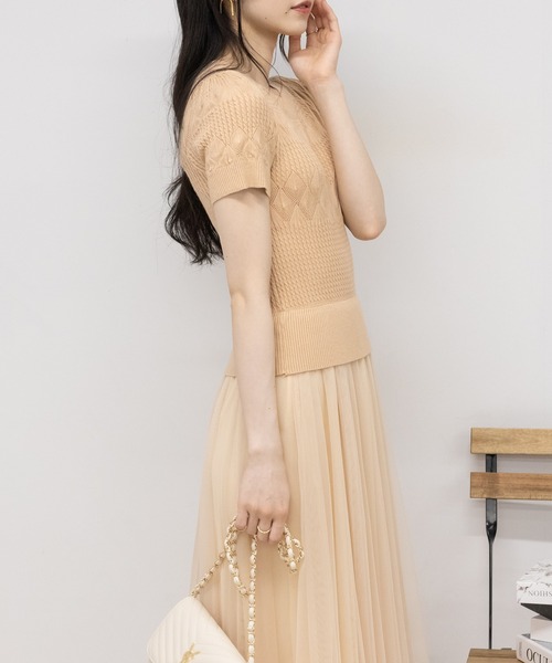 pumpkin port(パンプキンポート)の「透かし半袖ニット+チュールロングスカート ドッキングロングワンピース(ワンピース・レディース・ブラック/アイボリー/ベージュ・M)」の20枚目の写真