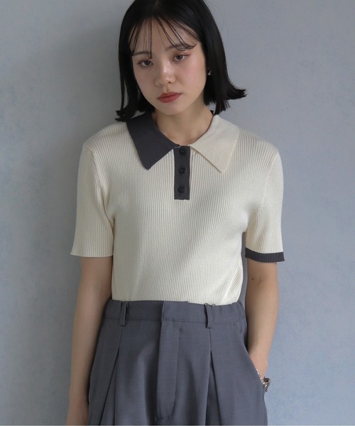 cheriella（シェリエラ）の「【cheriella】配色ポロリブニット半袖 CONTRAST POLO RIB SHORT KNIT（ニット/セーター・レディース・チャコール/ブルー/アイボリー/ブラック・M）」の8枚目の写真