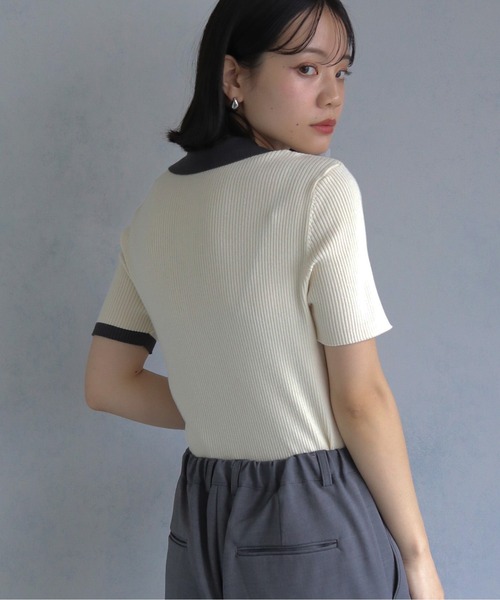 cheriella（シェリエラ）の「【cheriella】配色ポロリブニット半袖 CONTRAST POLO RIB SHORT KNIT（ニット/セーター・レディース・チャコール/ブルー/アイボリー/ブラック・M）」の12枚目の写真