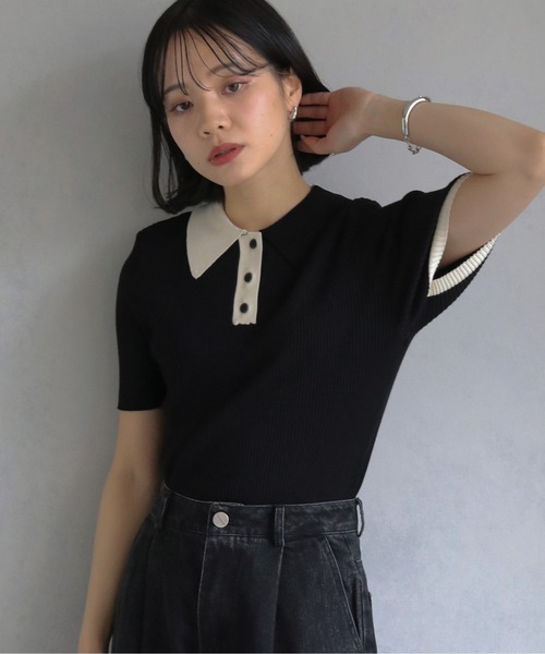 cheriella（シェリエラ）の「【cheriella】配色ポロリブニット半袖 CONTRAST POLO RIB SHORT KNIT（ニット/セーター・レディース・チャコール/ブルー/アイボリー/ブラック・M）」の16枚目の写真